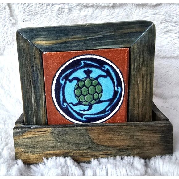 Retro Green Blue Wooden Tile Turtle Coasters 6 pcs - Picture 6 of 7